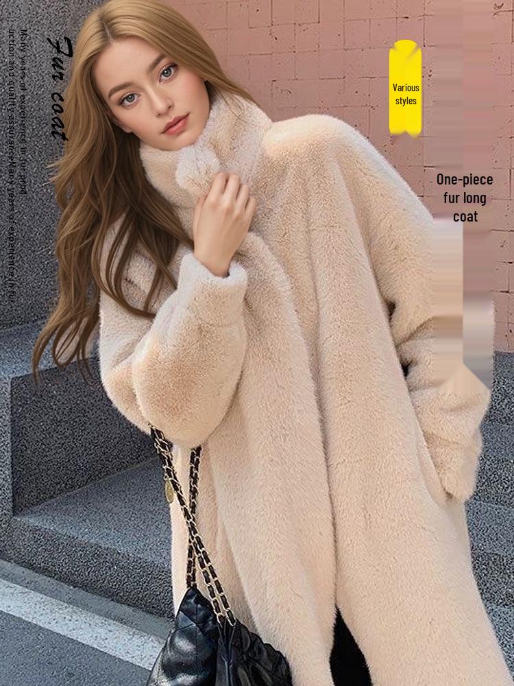 Autumn/Winter Long Stand-Collar Leather and Fur Socialite Wool Coat