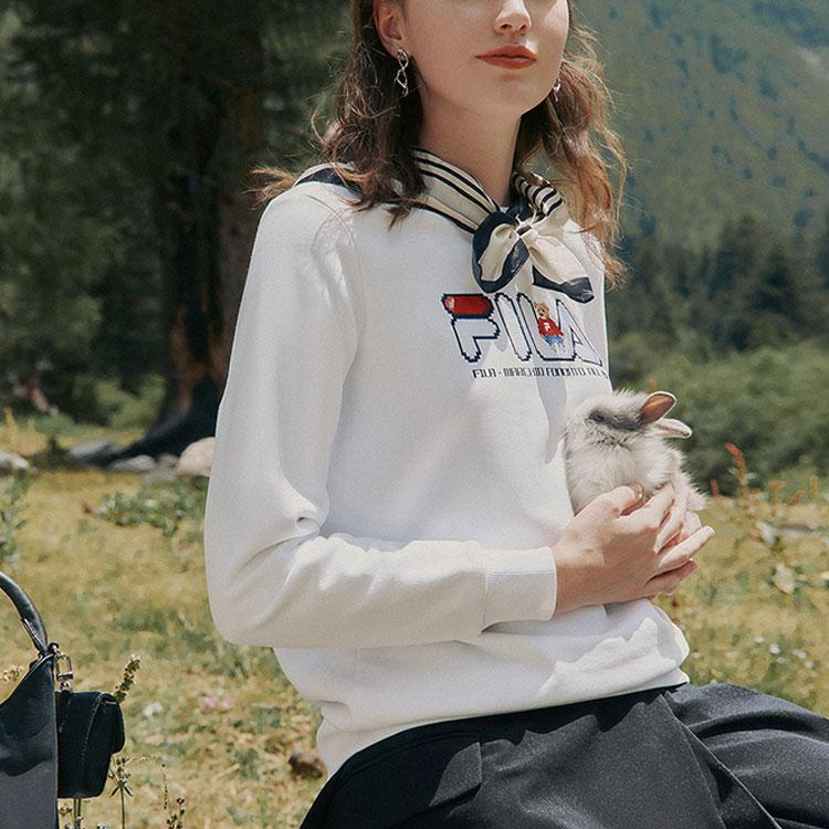 Fila Logo Classic Crewneck Fleece Pullover Vintage Sweatshirt Women Sweatshirt White F51W248290FWT