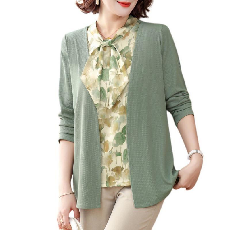 Medium Mother Fashion Shirt Middle-aged and Elderly Fake Two Thin Knitted Sweater Women's Top Early Autumn New
