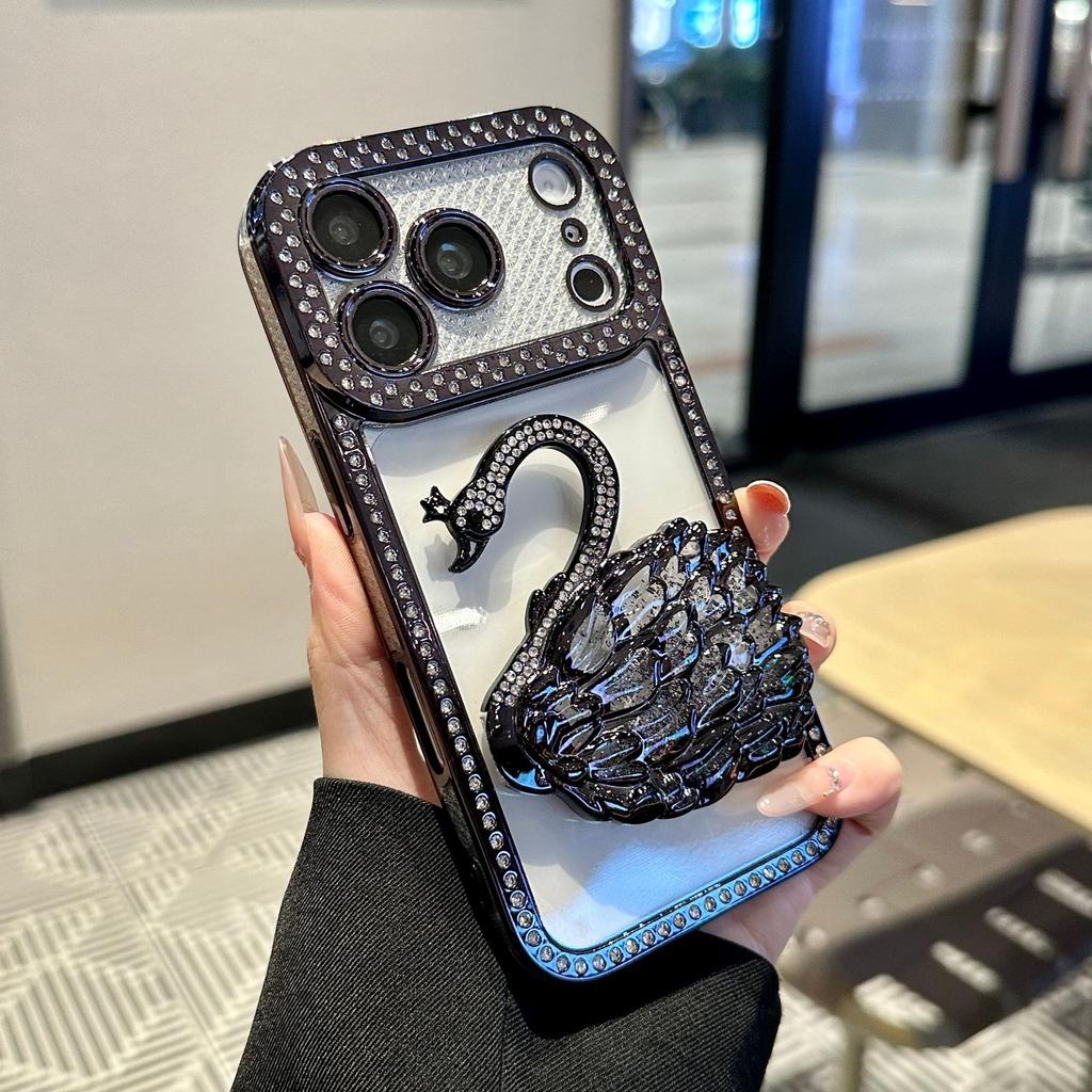17PRO/17AIR Diamond-encrusted Electroplating Shell + Swan Quicksand Bracket for 17PROMAX Mobile Phone Case Luxury Cartoon
