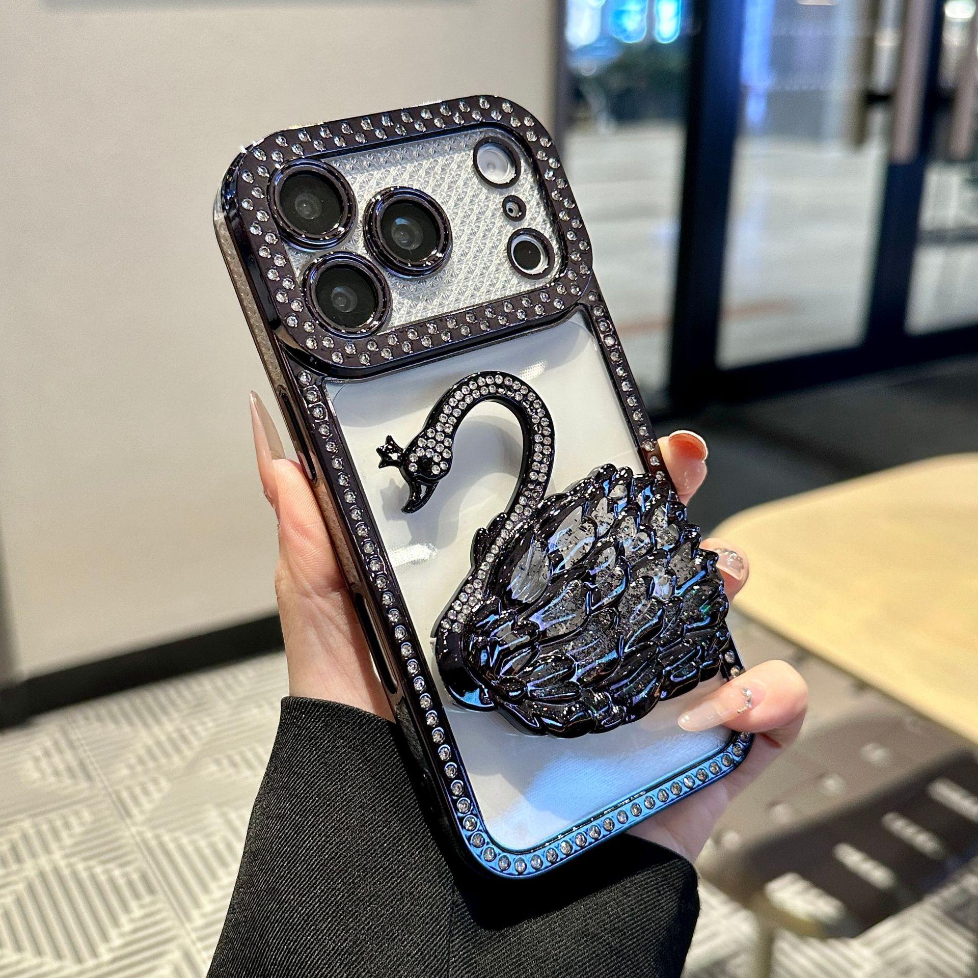 17PRO/17AIR diamond-encrusted electroplating shell + swan quicksand bracket for 17PROMAX mobile phone case luxury cartoon iPhone17PROMAX чёрный