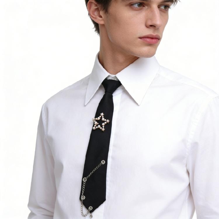 Student Pre Tied Neck Ties Preepy Look Pearls Star Metal Chain Dark Tie Cravat Neck Wear Accessories