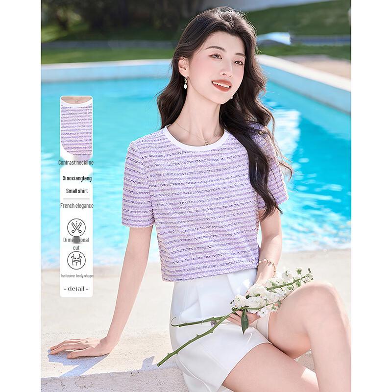 Summer Chic Color-Block Neckline T-Shirt M