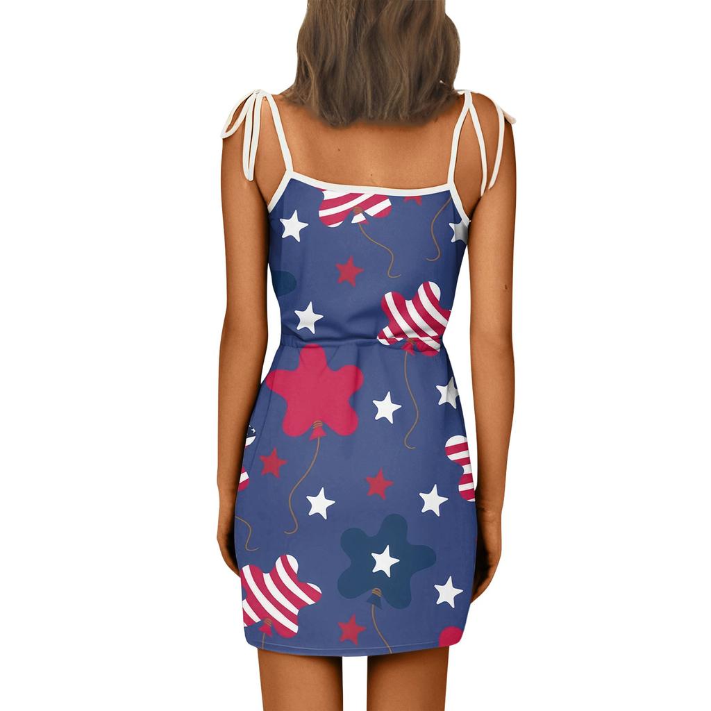 Women's Fashion Summer Independence Day Printed Loose Sleeveless Pocket V-Neck Dress
