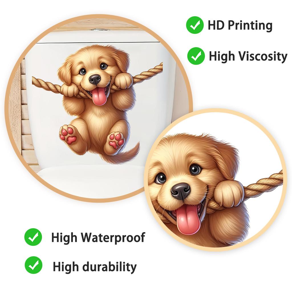 Playful Cartoon Puppy with Rope Toilet & Wall Sticker Self-Adhesive Removable for Bedroom Living Room Study Home Decor