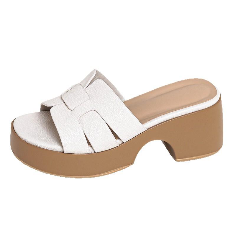 2025 Summer with Skirts Comfortable and Lightweight Open-toed Sandals Women Weave Simple Thick-soled Thick-heeled One-word Slippers
