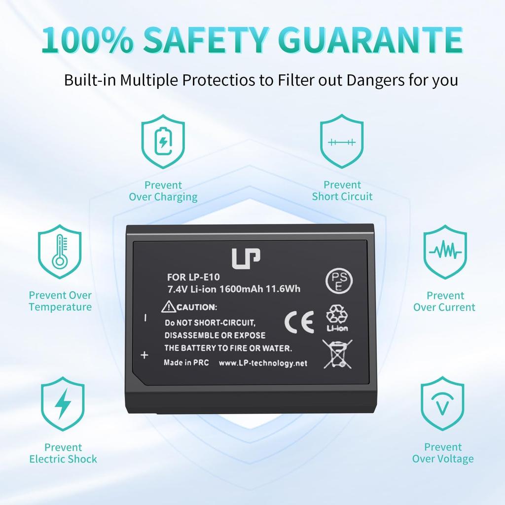 LP LP-E10 Battery Rechargeable, Charger Compatible with Canon EOS Rebel T7, T6, T5, T3, T100, 4000D, 3000D, 2000D, 1500D, 1300D, 1200D, 1100D & More