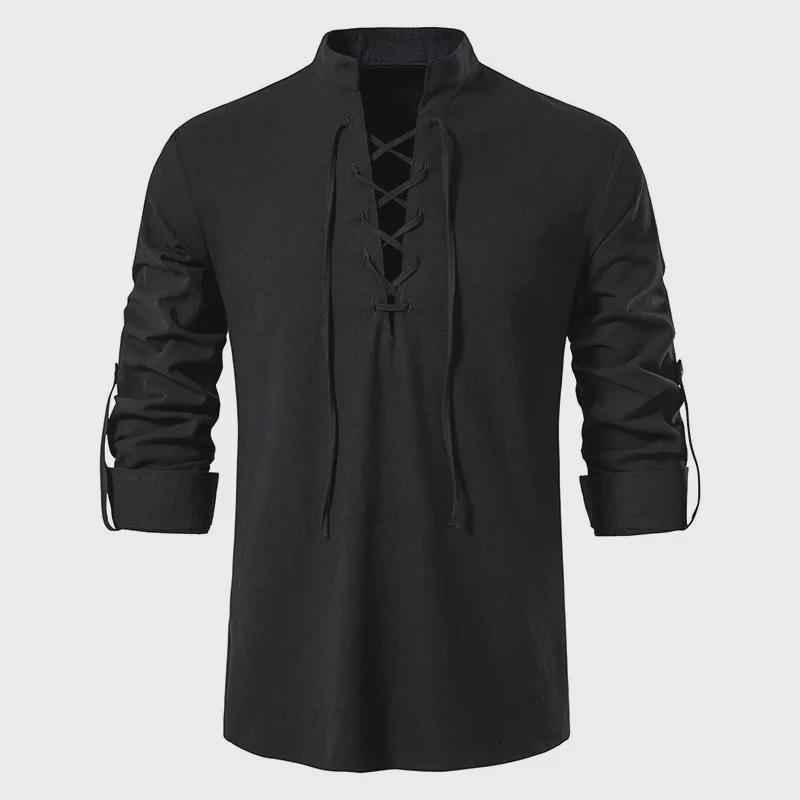 Men's 2024 V-Neck Lace-Up Long Sleeve Henley Shirt - Solid Color Cotton & Linen Casual Stand-Up Collar