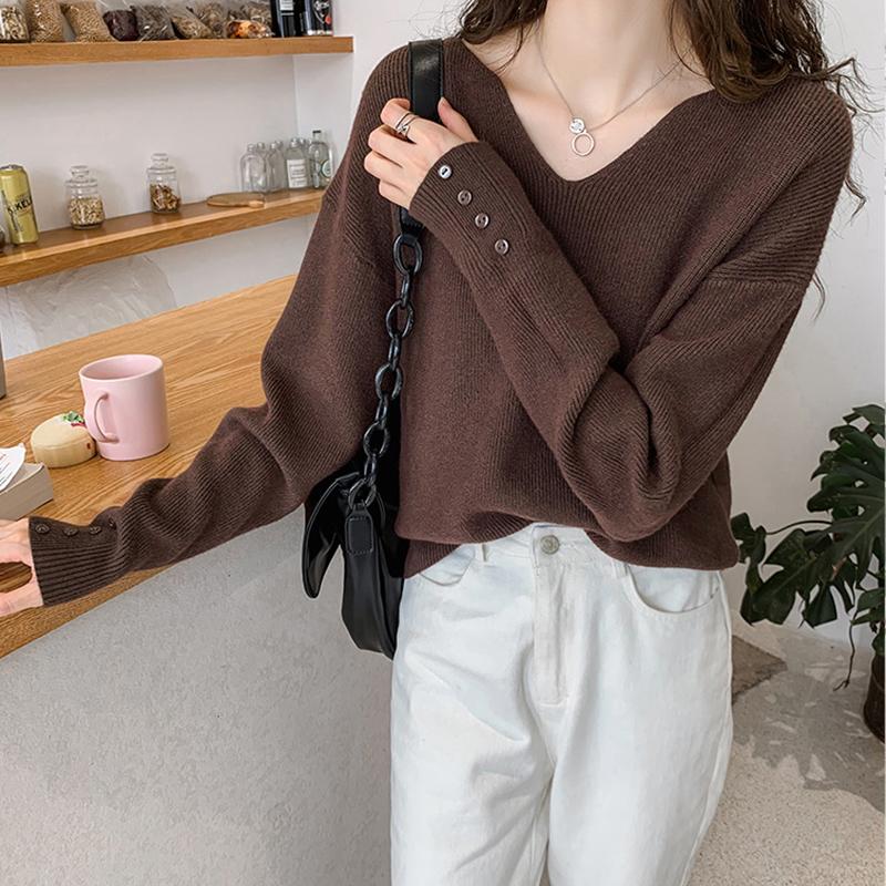 

Hirsionsan свободные вязаные пуловеры с v-образным вырезом, свитер, женские осенние повседневные универсальные однотонные корейские свитера, женские элегантные топы на пуговицах one size коричневый