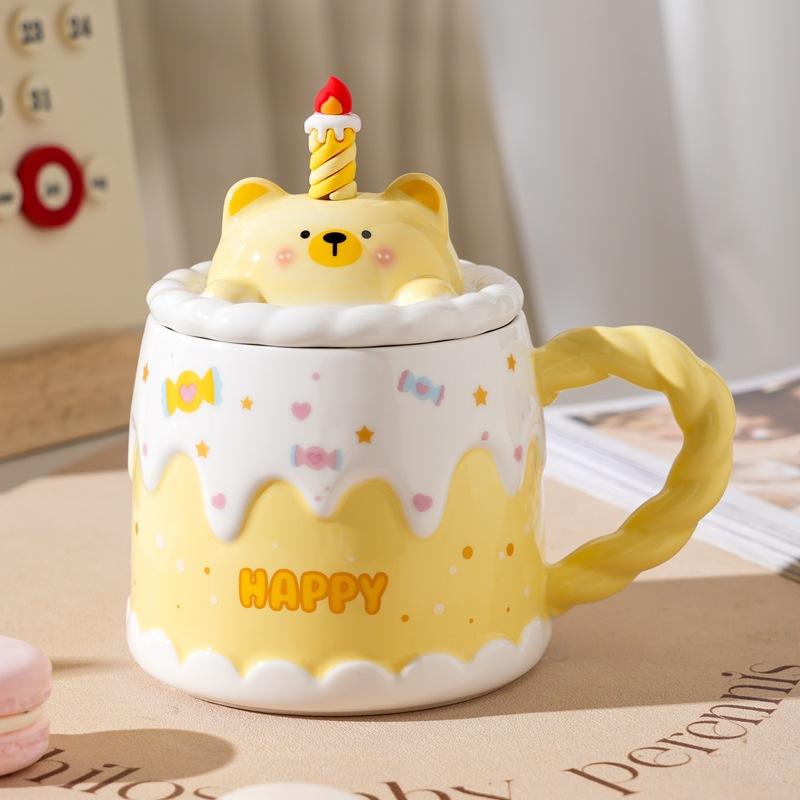 Roztomilý hrnek na narozeninový dort s víčkem a lžičkou, kreslený zvířátkový keramický hrnek na kávu, vysoce vypadající kancelářský hrnek na vodu