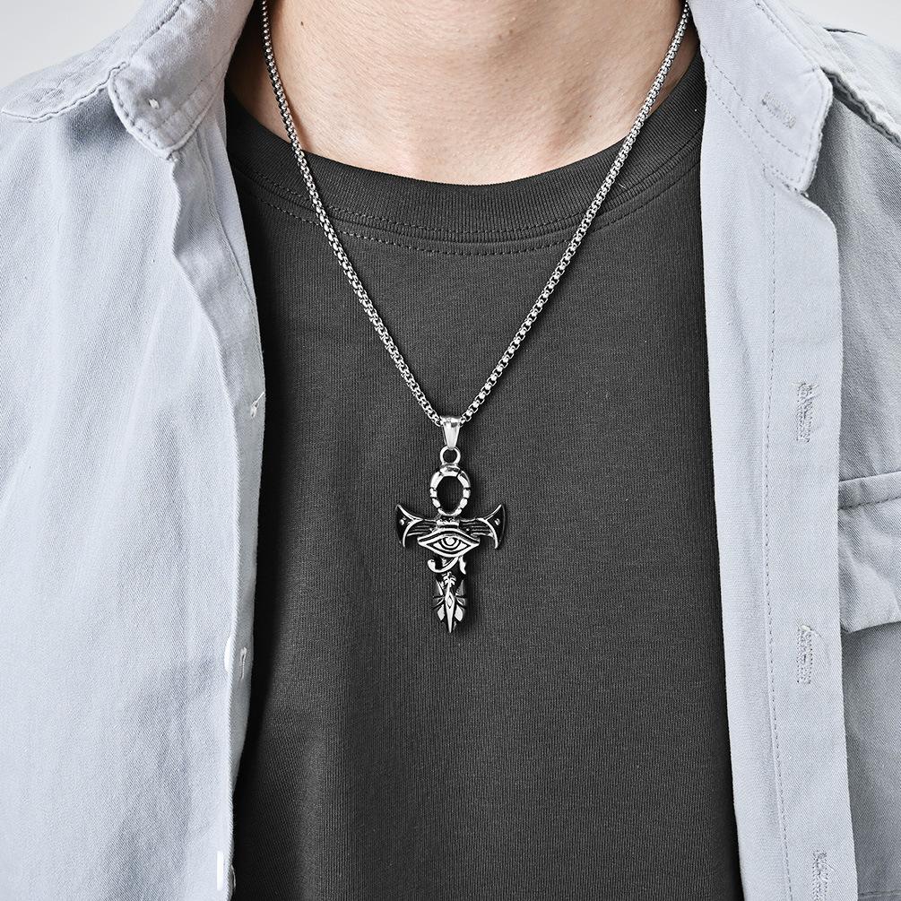 European and American Retro Style Horus Eye Cross Titanium Steel Ancient Sword Necklace