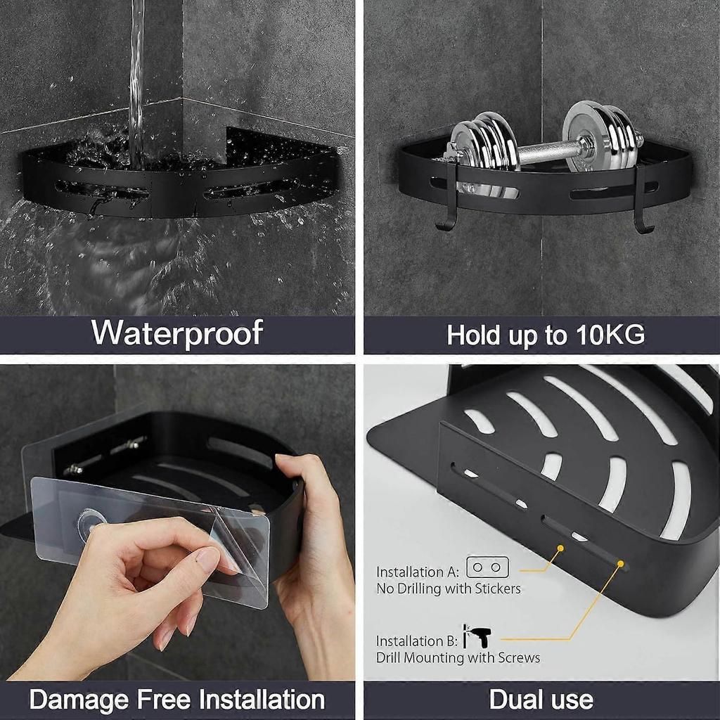 No-Drilling Corner Shower Shelf Metal with 2 Hooks for Shower Anti-Rust Holder Self-Adhesive for Bathroom Items 2 Pieces (Black)