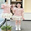 Zomeroutfit voor Meisjes Korte Mouw Strik Gelaagde Taart Rok Set