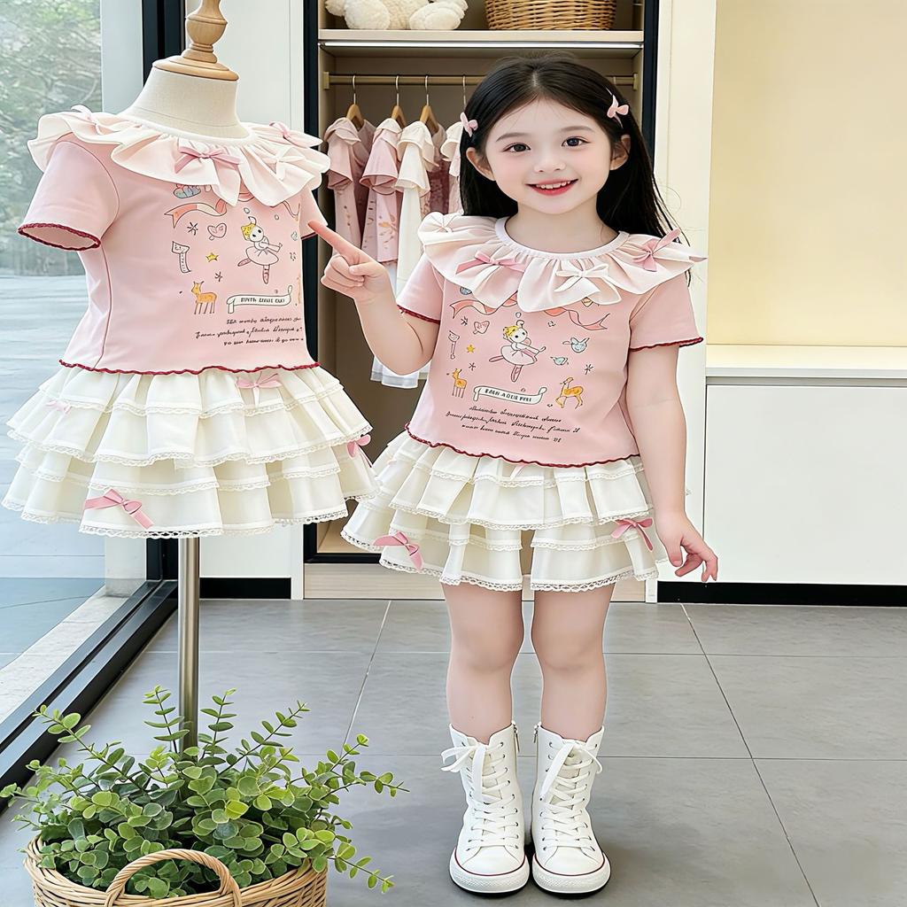 Zomeroutfit voor Meisjes Korte Mouw Strik Gelaagde Taart Rok Set