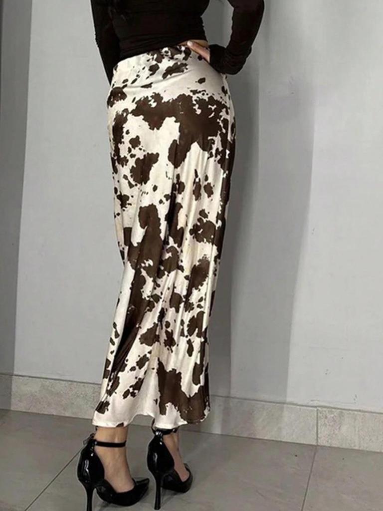 2025 Autumn/Winter Women's Satin Print Long Skirt - Slimming Imitation Silk