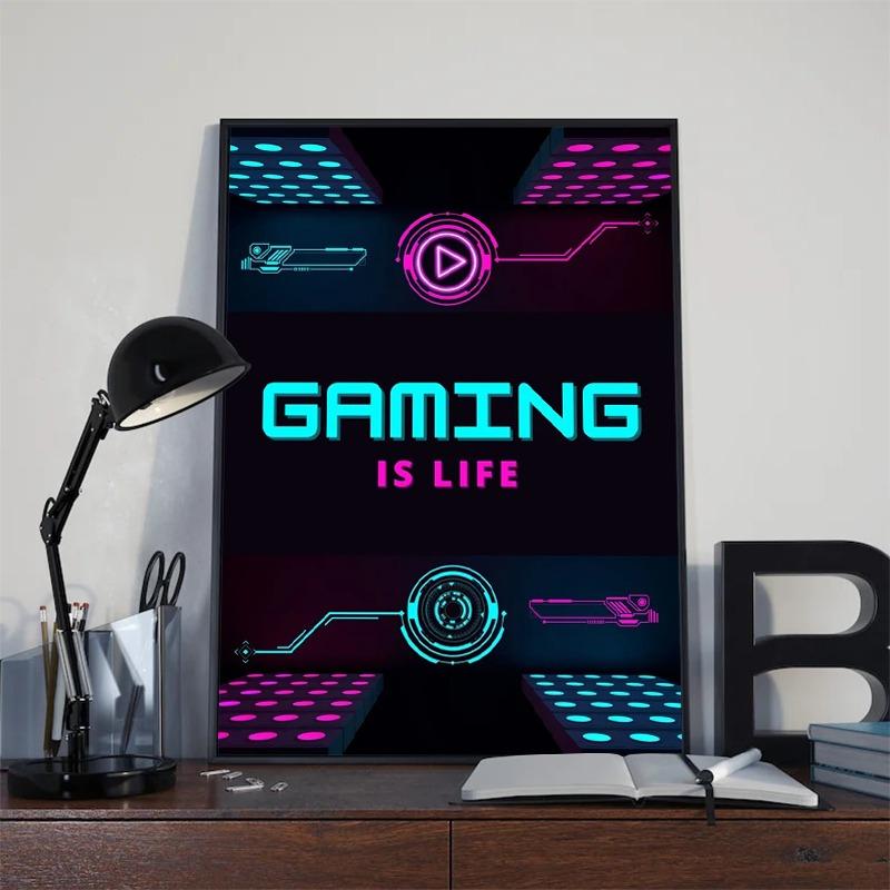 Neon Canvas Prints Painting Eat Sleep Game Repeat Funny Gaming Quote Posters Mural Wall Art for Home Gamer Room Decor No Light
