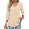 Womens 3/4 Sleeve V Neck Button Detail Solid Color Casual Loose Fit Tunic Top with Gathered Waist and Rounded Hem