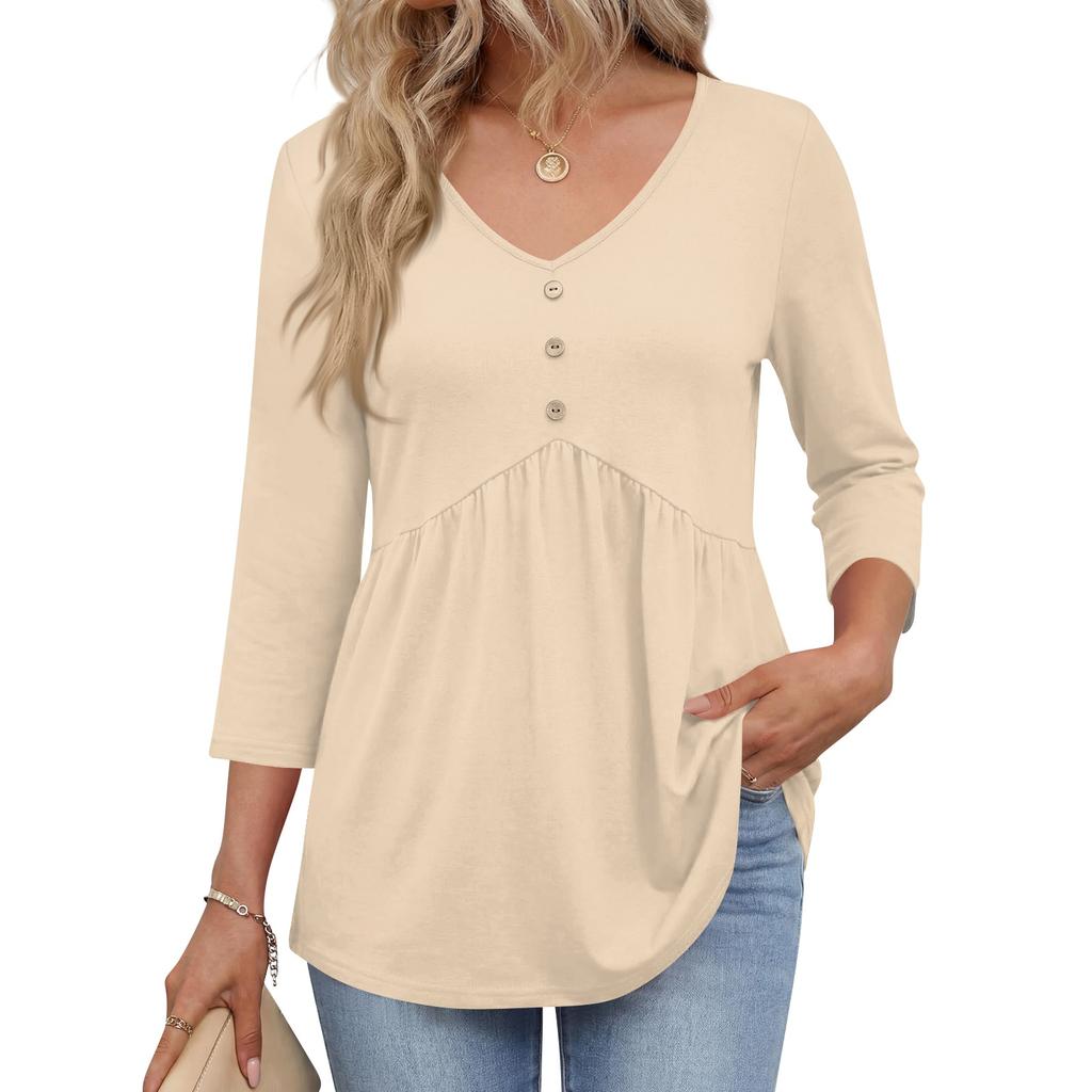 Womens 3/4 Sleeve V Neck Button Detail Solid Color Casual Loose Fit Tunic Top with Gathered Waist and Rounded Hem