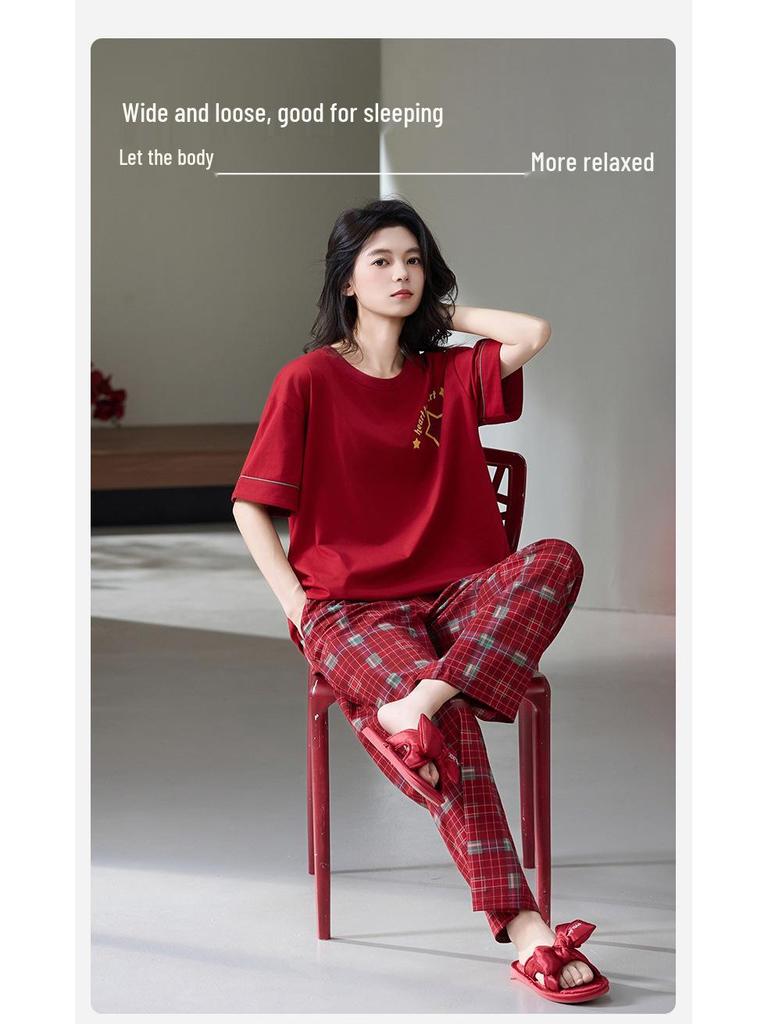 7A Antibakteriöse Baumwoll-Paar-Pyjamas - Rot, Bequem, Kurzarm, Lange Hose für Sommerhochzeiten