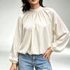 Womens Loose Fit Solid Color Blouse With Tie Neck Lantern Sleeves Office Wear Fall 2026