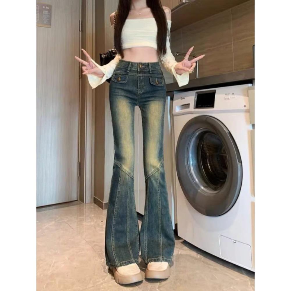 American street retro high-end Spice Girl micro-pull jeans spring and autumn new thin micro-pull jeans