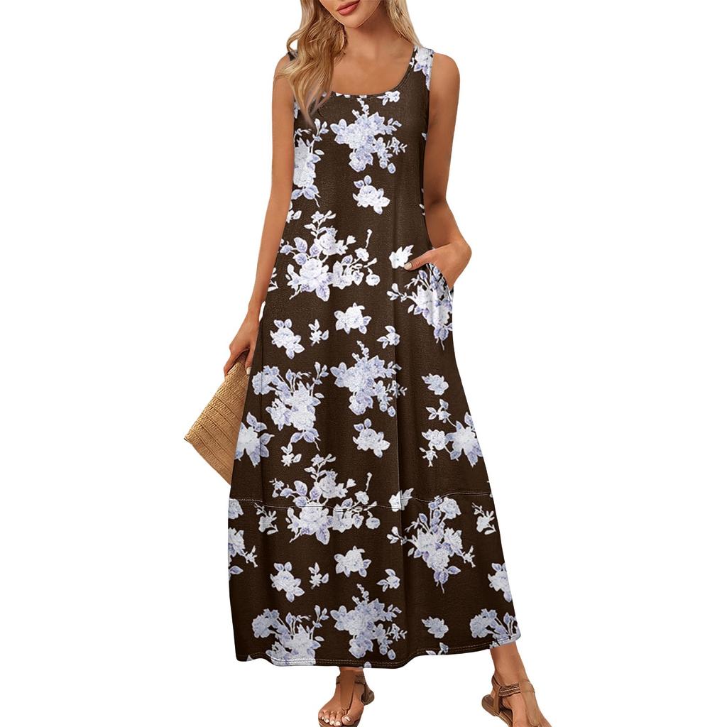 Women's Summer Fashion Round Neck Sleeveless Beach Dress Vintage Floral Printed Dresses