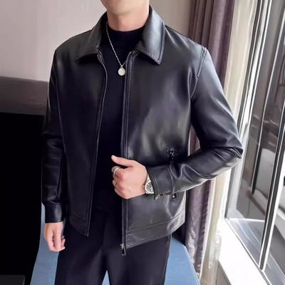 Baumwoll Herren PU Lederjacke, Herren High-End Trendiger Revers, Schlanke und Gutaussehende Executive Motorrad Lederjacke
