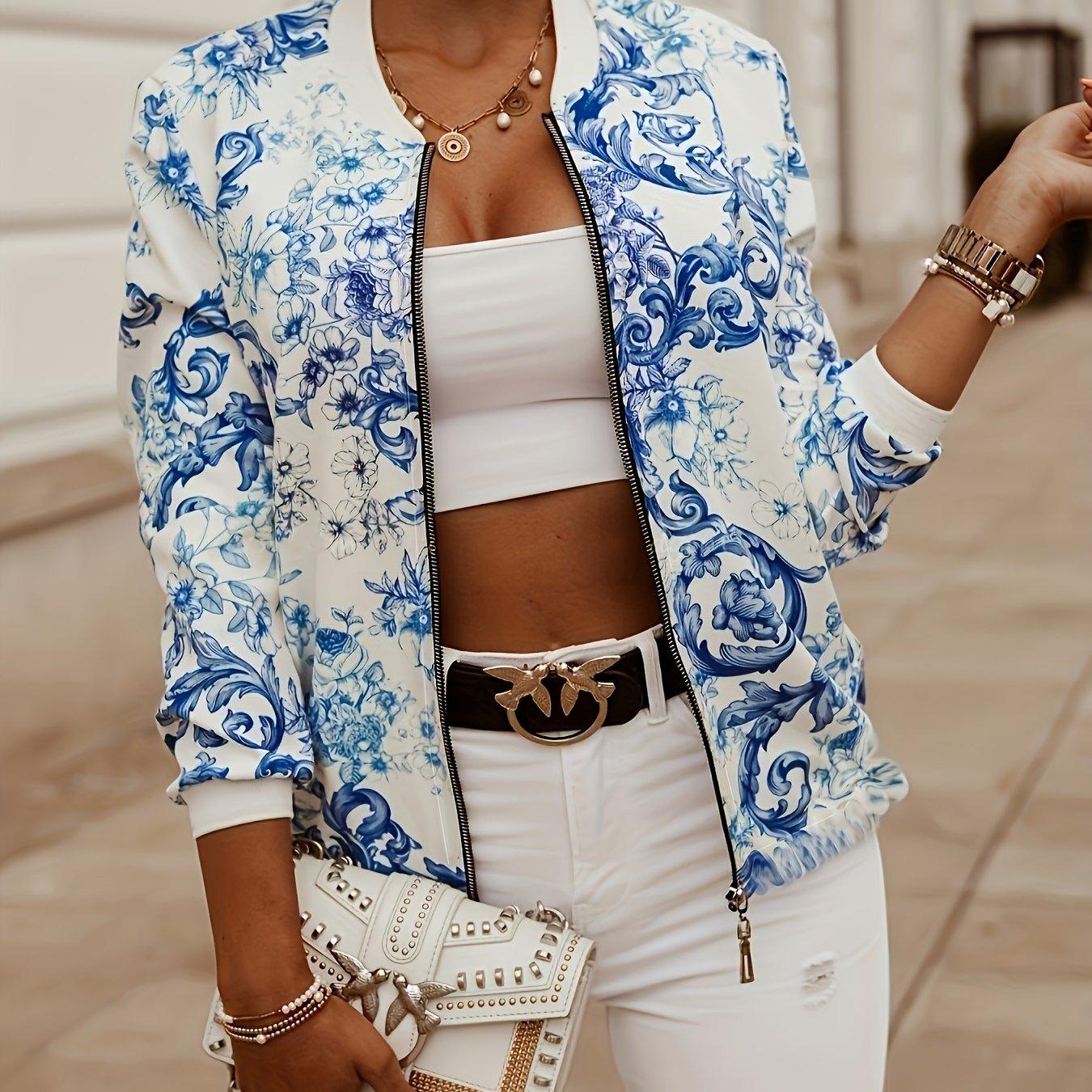 

Куртка на молнии с винтажным графическим принтом, винтажная верхняя одежда с длинными рукавами и контрастной отделкой на весну и осень, женская одежда XXL королевский синий