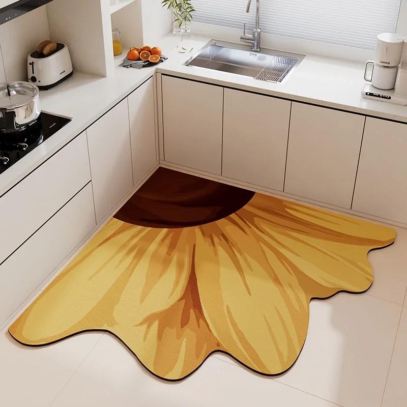 Blumen Teppich für Küchenbodenmatte Weicher Kieselgur Rutschfester Teppich Saugfähige Fußmatten Waschbare Unregelmäßige Fächerförmige Bereichsteppiche