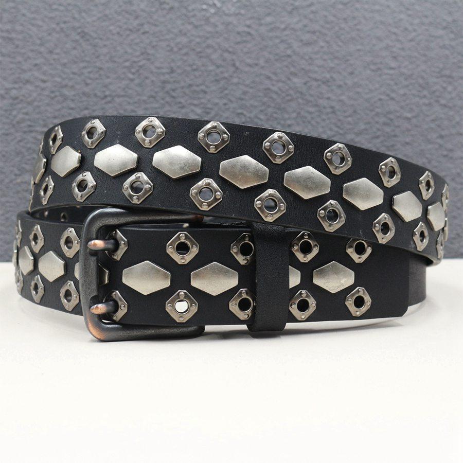 Rivet Belt Genuine Leather Double Pin Buckle Belt Classic Hollowed Out Strap Jeans Cowhide Men Waistband Width:3.8cm