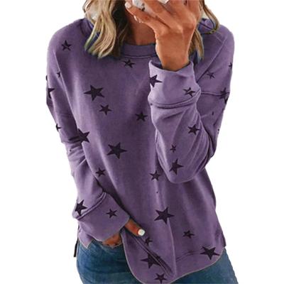 Otoño Invierno, Tops estampados de 5 estrellas para mujer, ropa para mujer, camiseta holgada de manga larga con cuello redondo de talla grande