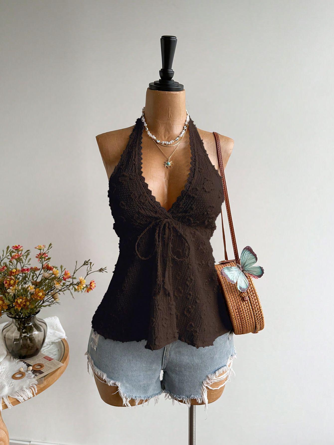 

2025 Summer European & American Halter Strap Lace-Up Waist-Cinched Bandeau Top M