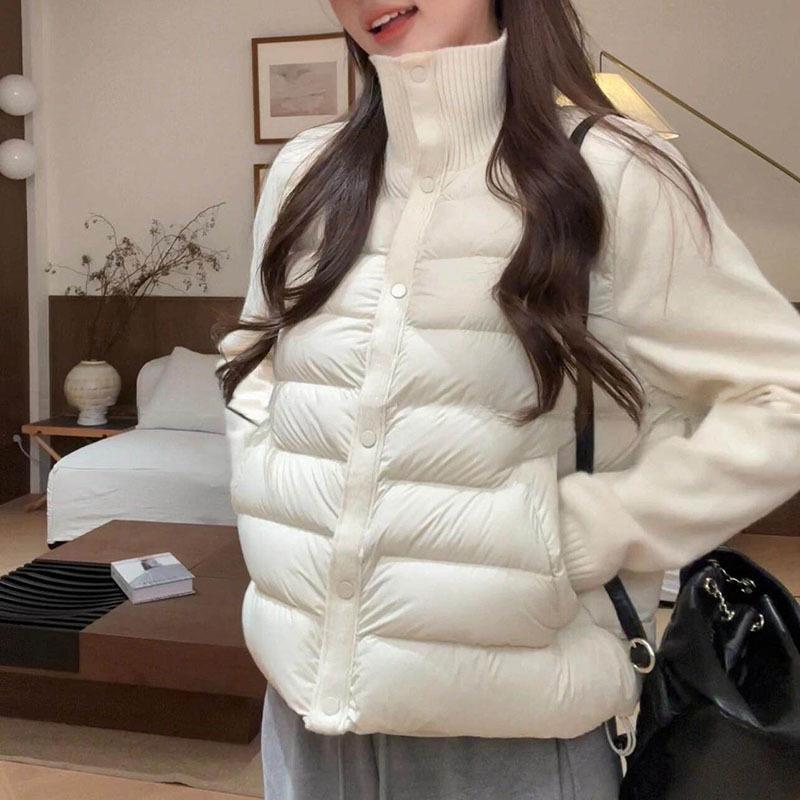 White Duck Down Knitted Sleeves Splicing Down Jacket Women's Short Winter Turtleneck Slim and Thin Top Trendy