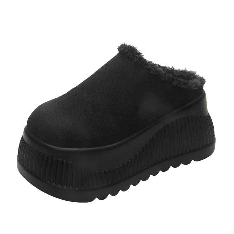 

Модные новые женские замшевые мюли с круглым носком на платформе и меховой отделкой, хлопковые туфли, зимние повседневные теплые шлепанцы на высоком каблуке 10 см 34 чёрный