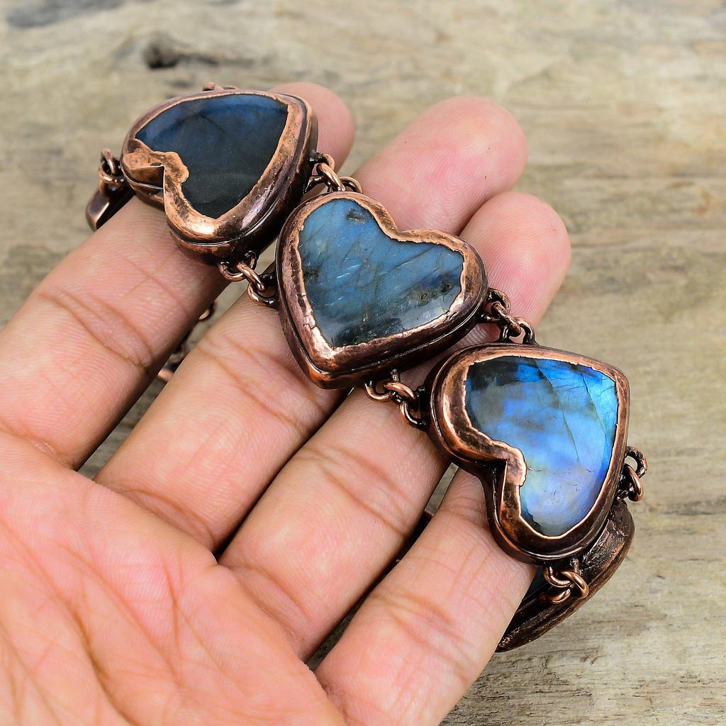 Labradorite Bracelet Electroformed Copper Bracelet Adjustable Chain Bracelet Handmade Heart Bracelet Gemstone Copper Jewelry Engagement Gift