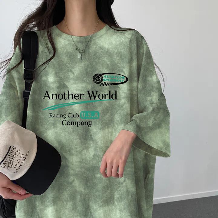 

Korean Tie-Dye Retro Loose-Fit Letter Print Mid-Length Summer T-Shirt Dress M