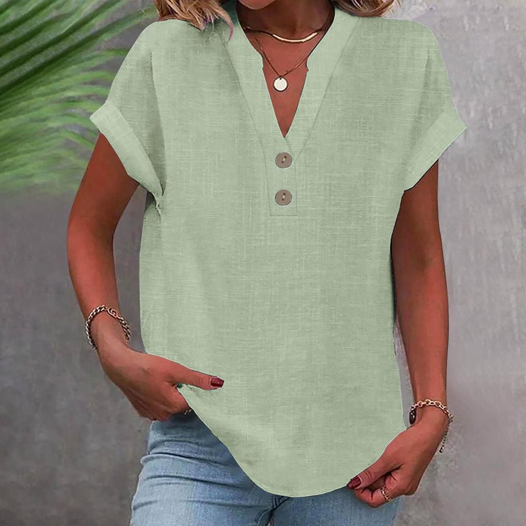 2025 Women's Solid Color V-Neck Buttoned Cotton-Linen Short-Sleeve Top