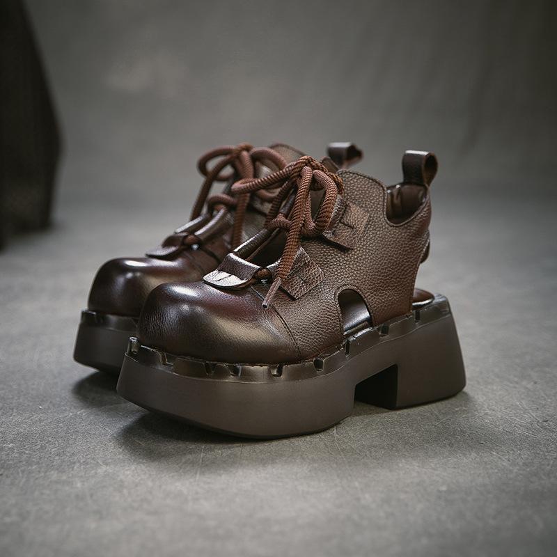 Johnature Retro Sandały z Prawdziwej Skóry z Wycięciami Okrągły Nosek Sznurowane Gruba Podeszwa Buty Damskie