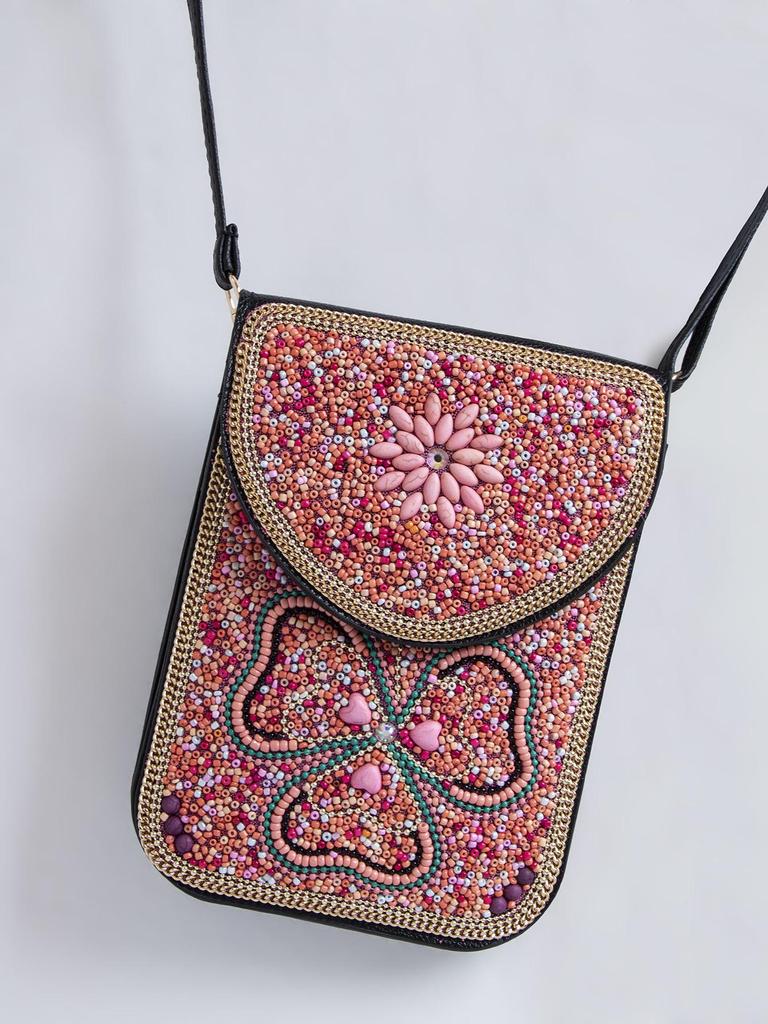 Bohemian Ethnic Shoulder Bag with Rice Beads, Shell Mobile Pocket, Floral PU Design, Women's Crossbody for Travel Photography.