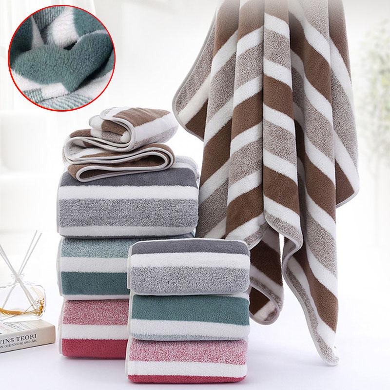 2PCS Bath Towel Striped Pattern Thickened Absorbent Towel Set Soft Face Towel for Home Bathroom Spa Quick Drying Microfiber