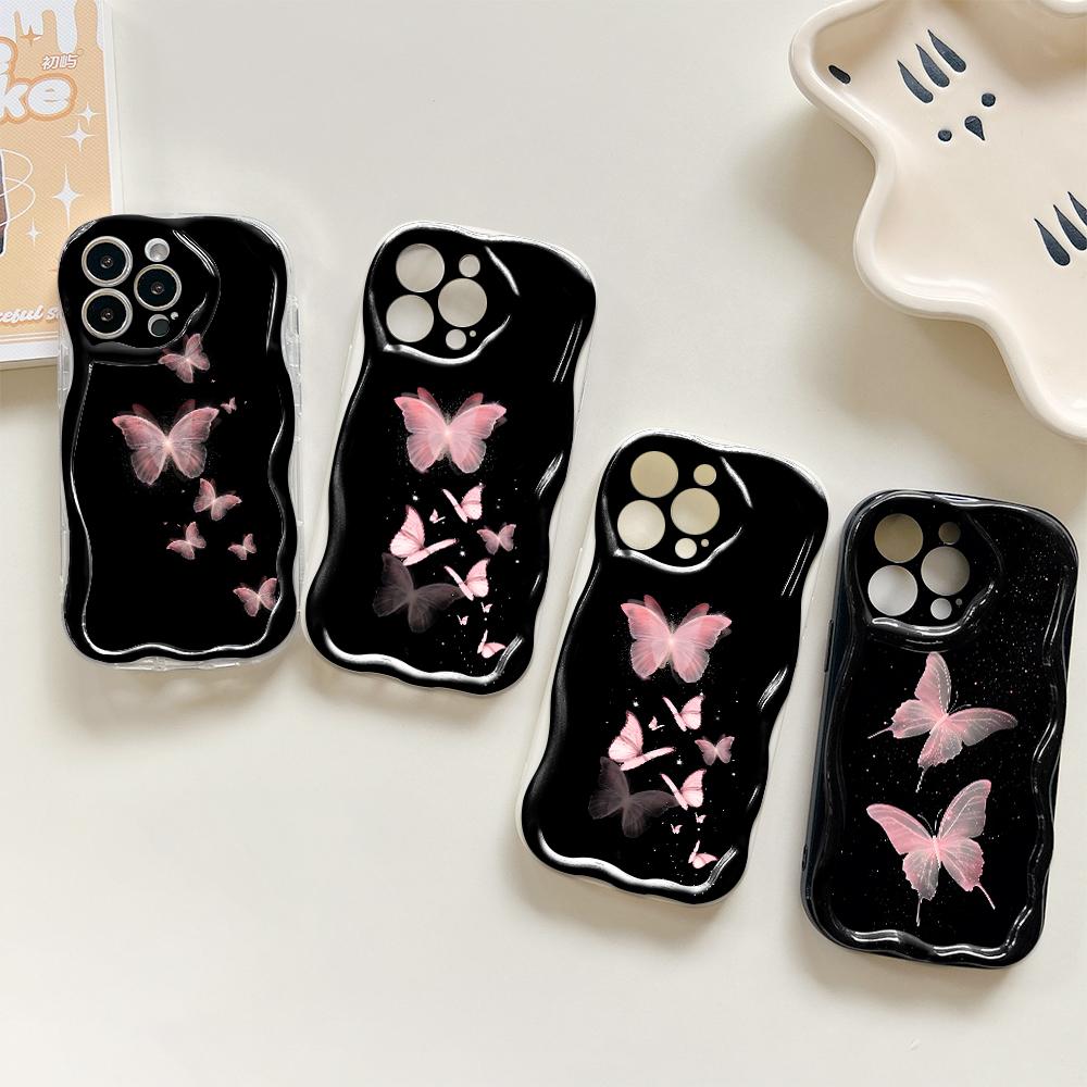 For iPhone 16 15 14 Samsung S25 S24 S23 A06 A13 A14 A15 A16 A55 Redmi 14C 13C Note 14 13 12 Cream Texture Wavy Edge Pink Butterfly Phone Case