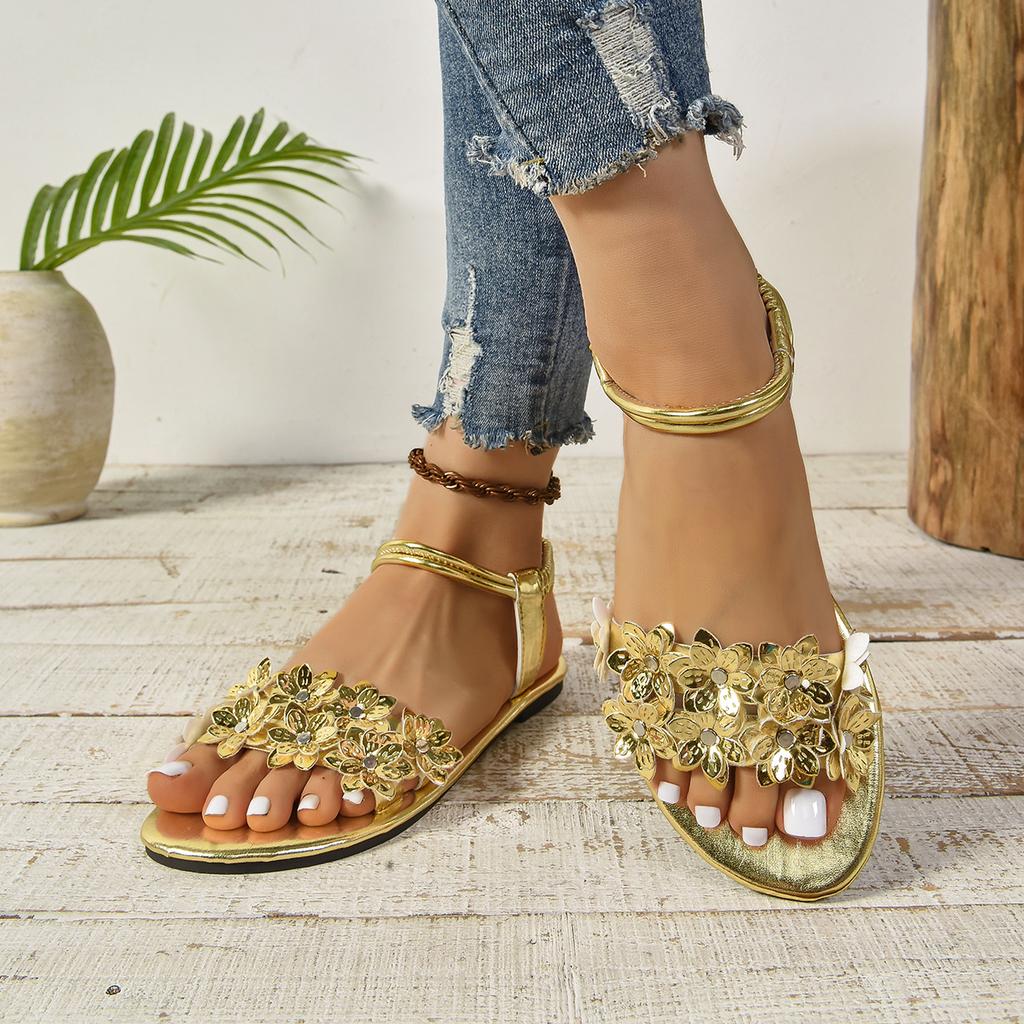 Mode Damen Blumen-Sandalen 2025 Trend Mode Gold Offene Zehen Flache Schuhe Damen Bequeme Slipper Sommer Outdoor Party Schuhe Sandalen