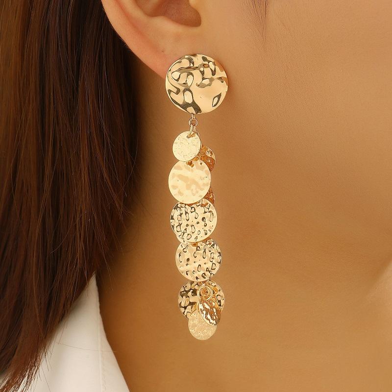 Vintage Metal Round Long Pendant Earrings for Women Personality Gold Color Disc Tassel Dangling Earrings Jewelry Accessories