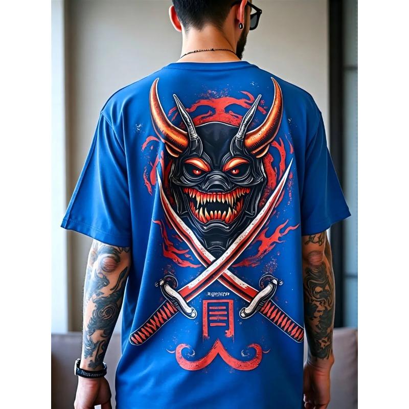 American men's summer ghost mask samurai sword print comfortable and breathable round neck T-shirt outdoor street top