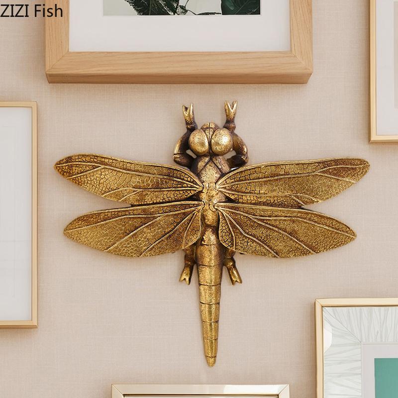 Goldene Libelle Wandbehang Ornamente Wohnzimmer Dekoration Wandhintergrund Display Insektenskulptur Wandmontierte Dekorationen