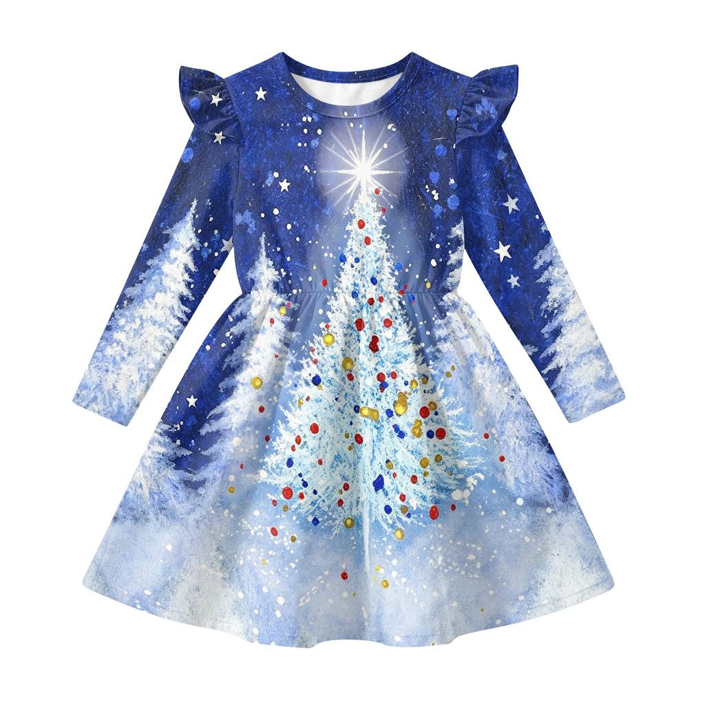 Girls Christmas Print Dress with Sleeves Long Sleeve Holiday Party Dress