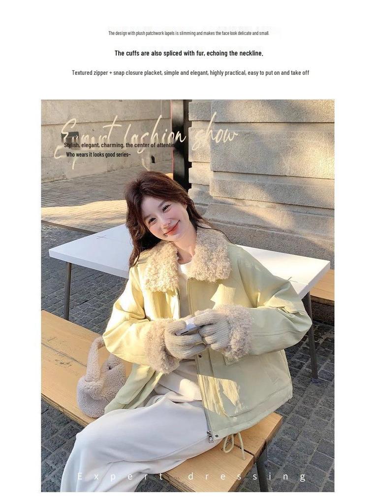 Beige Patchwork Lambswool Lapel Parka with Rabbit Fur - Women's New Winter 2025 Casual Jacket