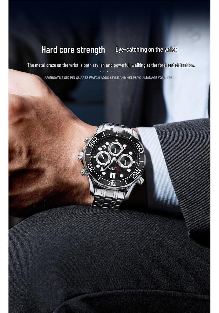Oufannishi Men's Multifunction Waterproof Quartz Chronograph Wristwatch with Six-Hand Calendar