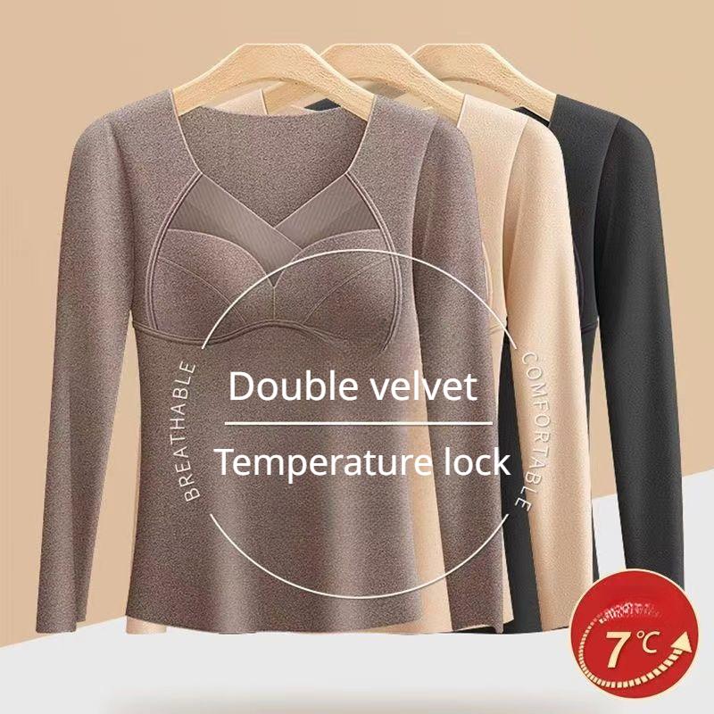 Women's Velvet Underwear with Chest Pad Autumn Winter Base Shirt Long Sleeve Thermal Underwear