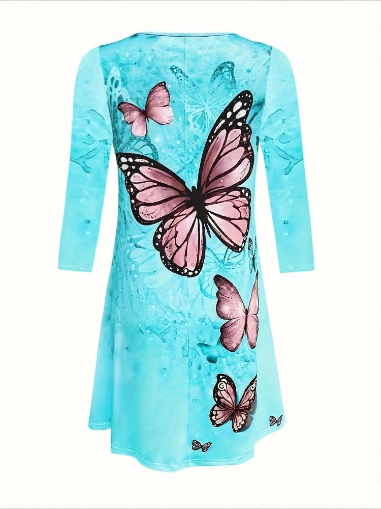 Sommer mote for kvinner Butterfly Print Kjole Rundhalset Uformell kjole Løs kjole Dameklær